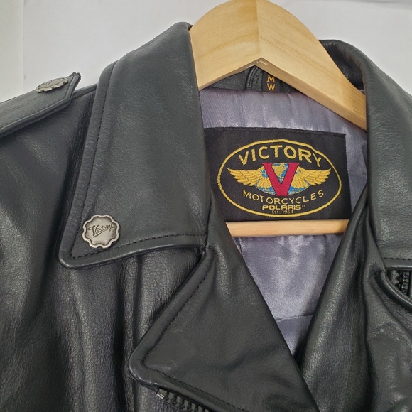 VICTORY MOTORCYCLE Women M Black Leather Moto Zips Jacket Belted Logos V… - Picture 6 of 16